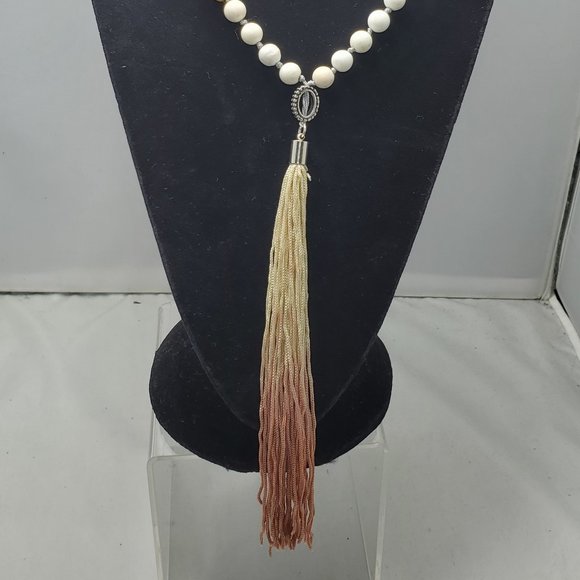 BKE beaded necklace with tassel, silver chain white-off white and brown beads - Picture 5 of 9